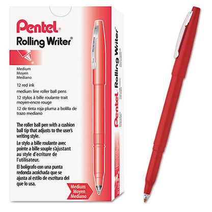 Pentel Rolling Writer Roller Ball Pen, Stick, Medium 0.8 mm, Red Ink, Red Barrel, Dozen R100B