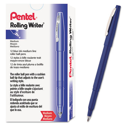 Pentel Rolling Writer Roller Ball Pen, Stick, Medium 0.8 mm, Blue Ink, Blue Barrel, Dozen R100C