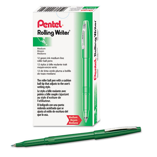 Pentel Rolling Writer Roller Ball Pen, Stick, Medium 0.8 mm, Green Ink, Green Barrel, Dozen R100D