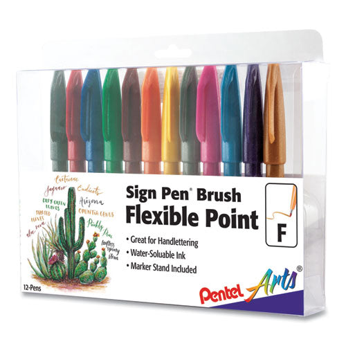 Pentel Arts Sign Pen Brush Flexible Point Marker Pen, Fine Brush Tip, Assorted Colors, Dozen SES15CPC12