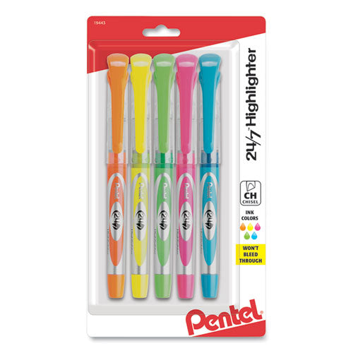 Pentel 24-7 Highlighters, Assorted Ink Colors, Chisel Tip, Assorted Barrel Colors, 5-Set SL12BP5M