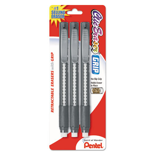 Pentel Clic Eraser Grip Eraser, For Pencil Marks, White Eraser, Randomly Assorted Barrel Color, 3-Pack ZE21BP3K6