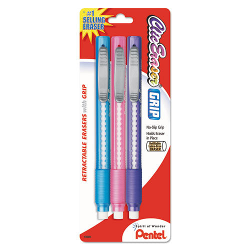 Pentel Clic Eraser Grip Eraser, For Pencil Marks, White Eraser, Randomly Assorted Barrel Colors (Three-Colors), 3-Pack ZE21TBP3M