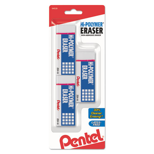 Pentel Hi-Polymer Eraser, For Pencil Marks, Rectangular Block, Medium, White, 3-Pack ZEH10BP3-K6