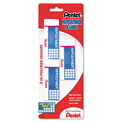Pentel Hi-Polymer Eraser, For Pencil Marks, Rectangular Block, Medium, White, 3-Pack ZEH10BP3-K6