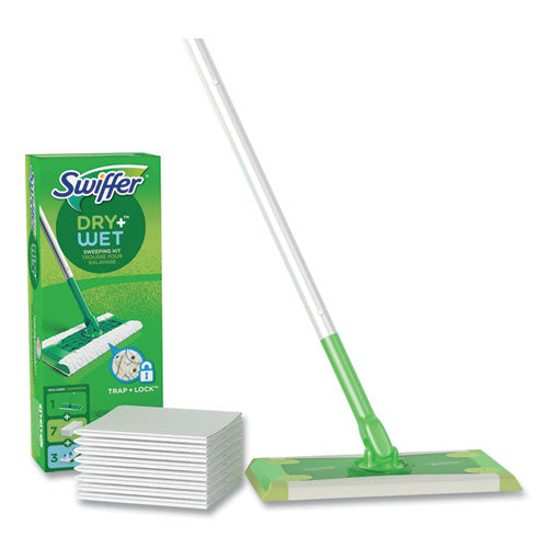 Swiffer Sweeper Mop, 10 x 4.8 White Cloth Head, 46" Green-Silver Aluminum-Plastic Handle, 6-Carton 92815