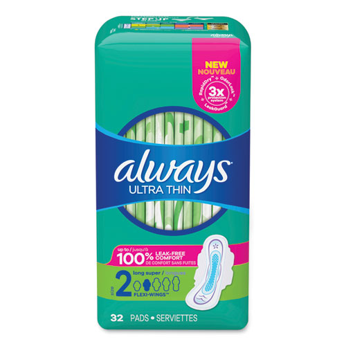 Always Ultra Thin Pads with Wings, Size 2, Long, Super Absorbent, 32-Pack, 3 Packs-Carton 97020