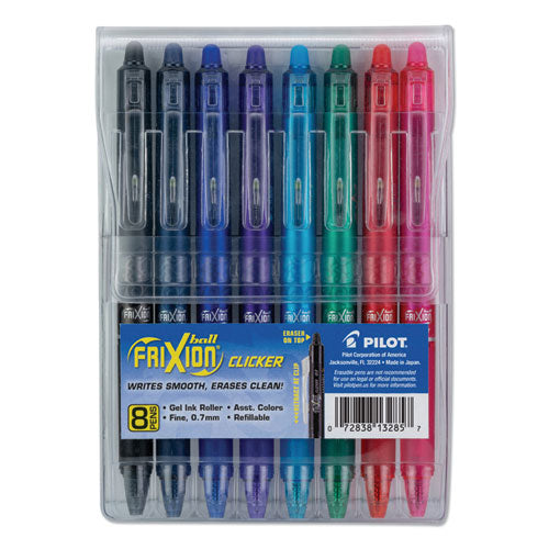 Pilot FriXion Clicker Erasable Gel Pen, Retractable, Fine 0.7 mm, Assorted Ink and Barrel Colors, 8-Pack 13285