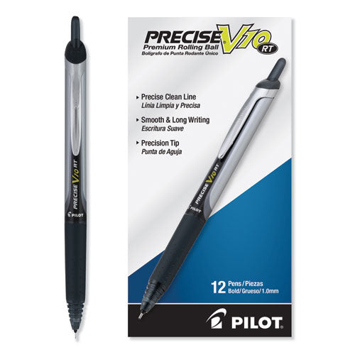 Pilot Precise V10RT Roller Ball Pen, Retractable, Bold 1 mm, Black Ink, Black Barrel, Dozen 13450