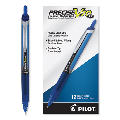 Pilot Precise V10RT Roller Ball Pen, Retractable, Bold 1 mm, Blue Ink, Blue Barrel, Dozen 13453