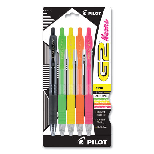Pilot G2 Neon Gel Pen, Retractable, Fine 0.7 mm, Assorted Neon Ink and Barrel Colors, 5-Pack PIL14174