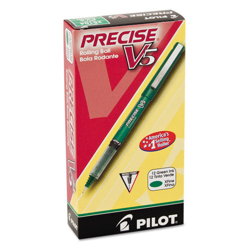 Pilot Precise V5 Roller Ball Pen, Stick, Extra-Fine 0.5 mm, Green Ink, Green Barrel, Dozen 25104
