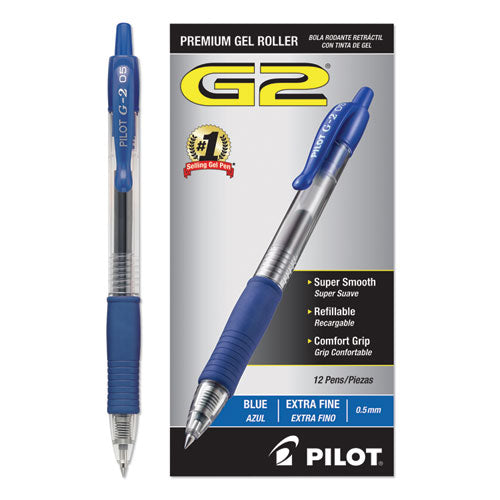 Pilot G2 Premium Gel Pen, Retractable, Extra-Fine 0.5 mm, Blue Ink, Smoke Barrel, Dozen 31003