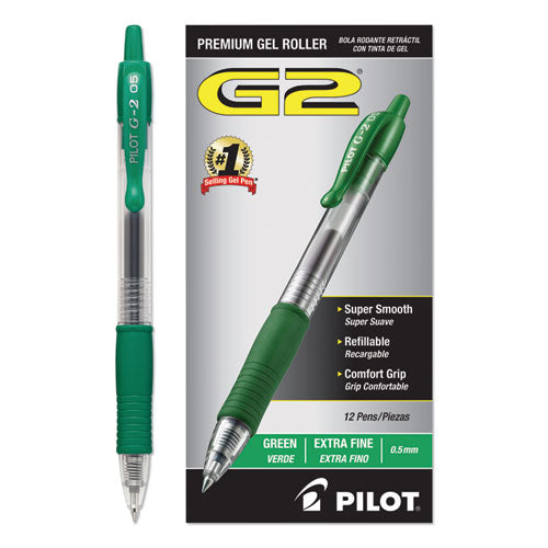 Pilot G2 Premium Gel Pen, Retractable, Extra-Fine 0.5 mm, Green Ink, Smoke Barrel, Dozen 31005