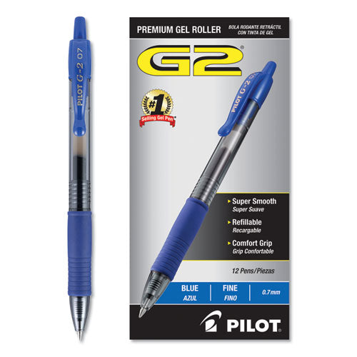 Pilot G2 Premium Gel Pen, Retractable, Fine 0.7 mm, Blue Ink, Smoke Barrel, 12-Pack 31021