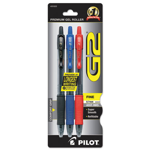 Pilot G2 Premium Gel Pen, Retractable, Fine 0.7 mm, Assorted Ink Colors, Smoke Barrel, 3-Pack 31023
