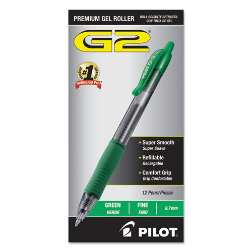 Pilot G2 Premium Gel Pen, Retractable, Fine 0.7 mm, Green Ink, Smoke Barrel, Dozen 31025