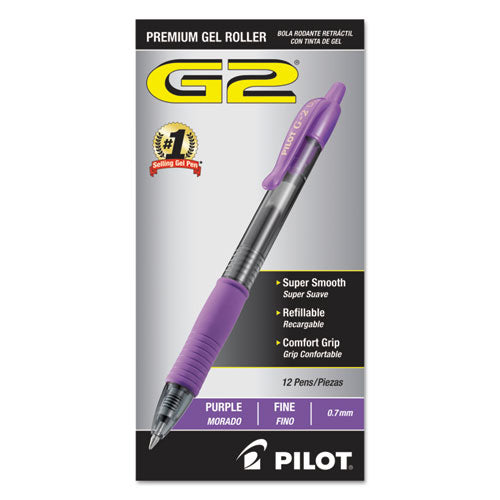 Pilot G2 Premium Gel Pen, Retractable, Fine 0.7 mm, Purple Ink, Smoke Barrel, Dozen 31029
