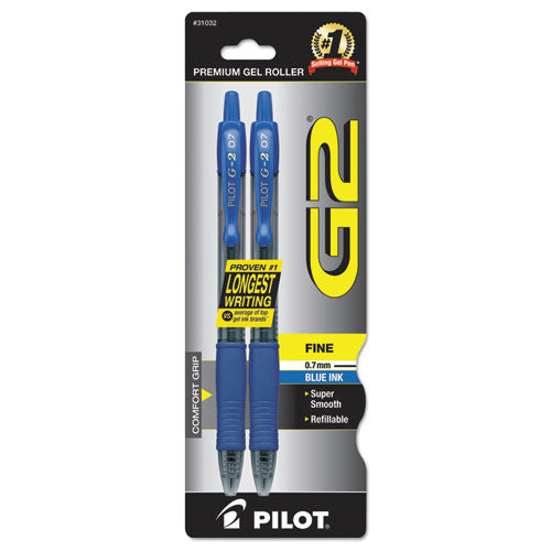 Pilot G2 Premium Gel Pen, Retractable, Fine 0.7 mm, Blue Ink, Smoke Barrel, 2-Pack 31032