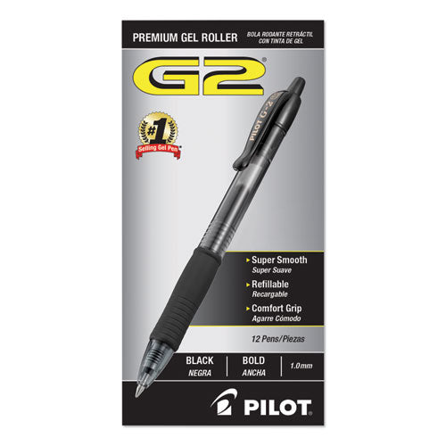 Pilot G2 Premium Gel Pen, Retractable, Bold 1 mm, Black Ink, Smoke Barrel, Dozen 31256