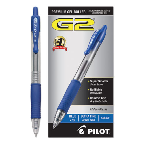 Pilot G2 Premium Gel Pen Convenience Pack, Retractable, Extra-Fine 0.38 mm, Blue Ink, Clear-Blue Barrel, Dozen 31278