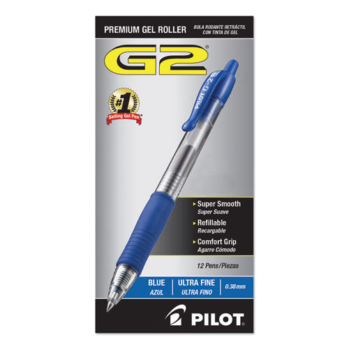 Pilot G2 Premium Gel Pen Convenience Pack, Retractable, Extra-Fine 0.38 mm, Blue Ink, Clear-Blue Barrel, Dozen 31278