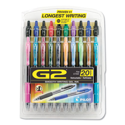 Pilot G2 Premium Gel Pen, Retractable, Fine 0.7 mm, Assorted Ink and Barrel Colors, 20-Pack 31294