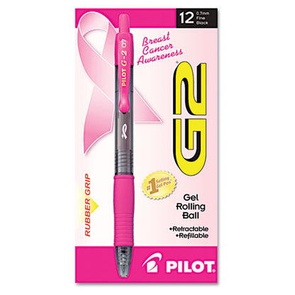 Pilot G2 Premium Breast Cancer Awareness Gel Pen, Retractable, Fine 0.7 mm, Black Ink, Translucent Pink Barrel, Dozen 31332
