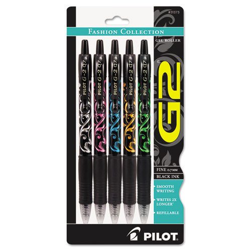 Pilot G2 Fashion Premium Gel Pen, Retractable, Fine 0.7 mm, Black Ink, Assorted Barrel Colors, 5-Pack 31373