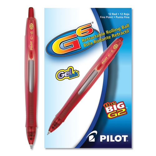 Pilot G6 Gel Pen, Retractable, Fine 0.7 mm, Red Ink, Red Barrel 31403