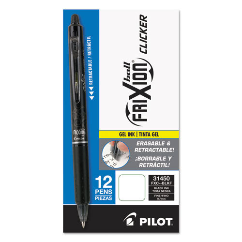 Pilot FriXion Clicker Erasable Gel Pen, Retractable, Fine 0.7 mm, Black Ink, Black Barrel 31450