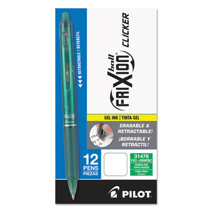 Pilot FriXion Clicker Erasable Gel Pen, Retractable, Fine 0.7 mm, Green Ink, Green Barrel, Dozen 31476