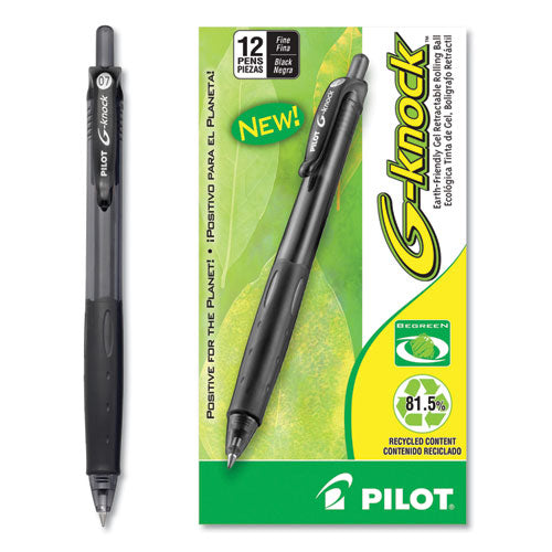 Pilot G-Knock BeGreen Gel Pen, Retractable, Fine 0.7 mm, Black Ink, Black Barrel, Dozen 31506