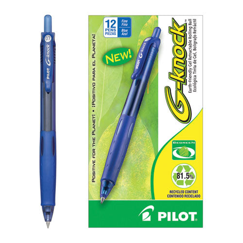 Pilot G-Knock BeGreen Gel Pen, Retractable, Fine 0.7 mm, Blue Ink, Blue Barrel, Dozen 31507