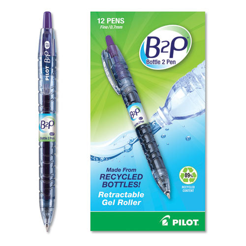 Pilot B2P Bottle-2-Pen Recycled Gel Pen, Retractable, Fine 0.7 mm, Purple Ink, Translucent Blue Barrel 31622