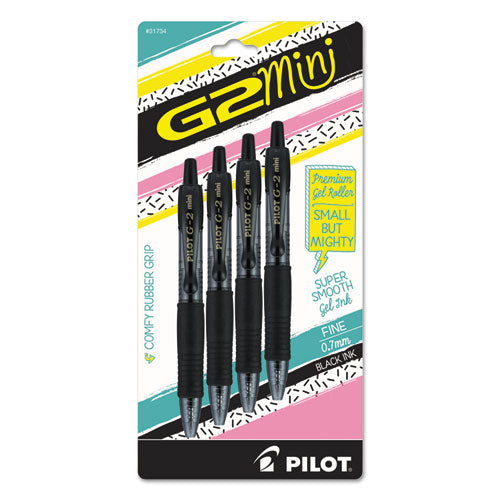 Pilot G2 Mini Gel Pen, Retractable, Fine 0.7 mm, Black Ink, Black Barrel, 4-Pack 31734