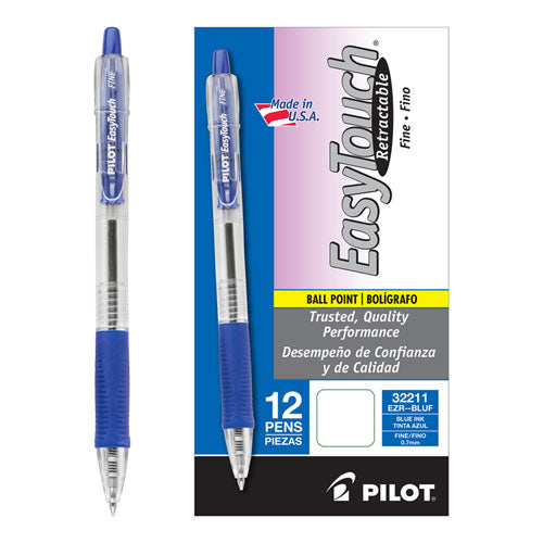 Pilot EasyTouch Ballpoint Pen, Retractable, Fine 0.7 mm, Blue Ink, Clear Barrel, Dozen 32211