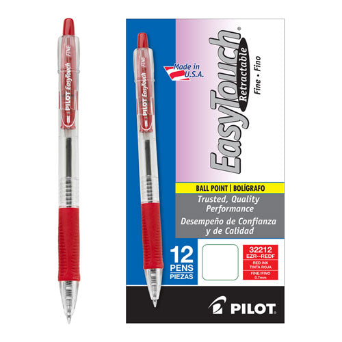 Pilot EasyTouch Ballpoint Pen, Retractable, Fine 0.7 mm, Red Ink, Clear Barrel, Dozen 32212