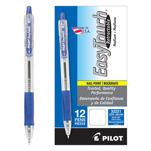 Pilot EasyTouch Ballpoint Pen, Retractable, Medium 1 mm, Blue Ink, Clear Barrel, Dozen 32221