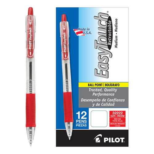 Pilot EasyTouch Ballpoint Pen, Retractable, Medium 1 mm, Red Ink, Clear Barrel, Dozen 32222