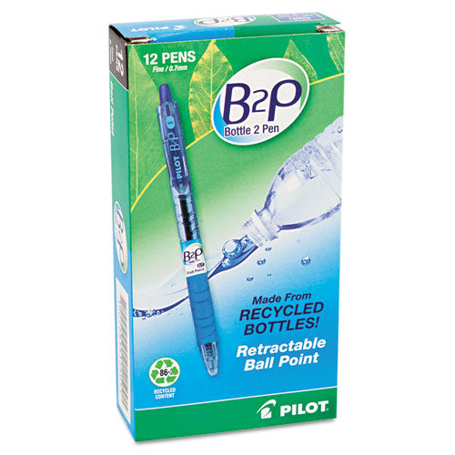 Pilot B2P Bottle-2-Pen Recycled Ballpoint Pen, Retractable, Fine 0.7 mm, Blue Ink, Translucent Blue Barrel, Dozen 32601