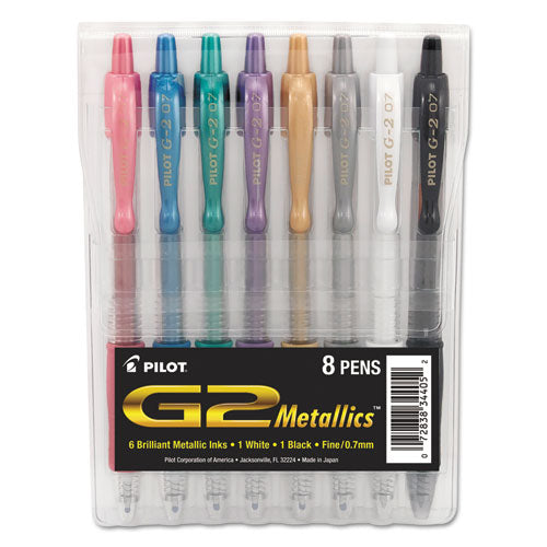 Pilot G2 Metallics Gel Pen, Retractable, Fine 0.7 mm, Assorted Ink and Barrel Colors, 8-Pack 34405