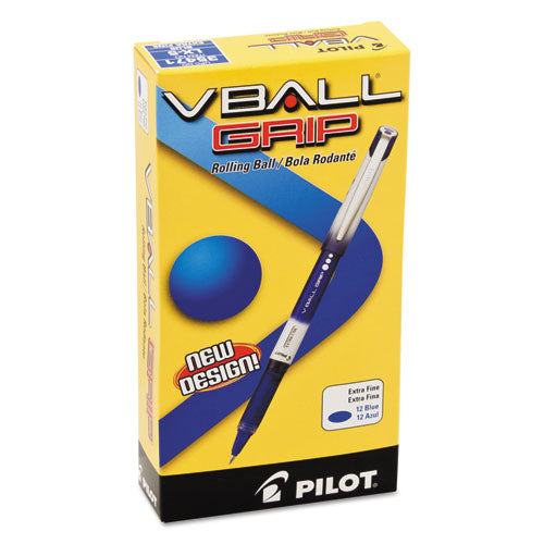 Pilot VBall Grip Liquid Ink Roller Ball Pen, Stick, Extra-Fine 0.5 mm, Blue Ink, Blue-White Barrel, Dozen 35471