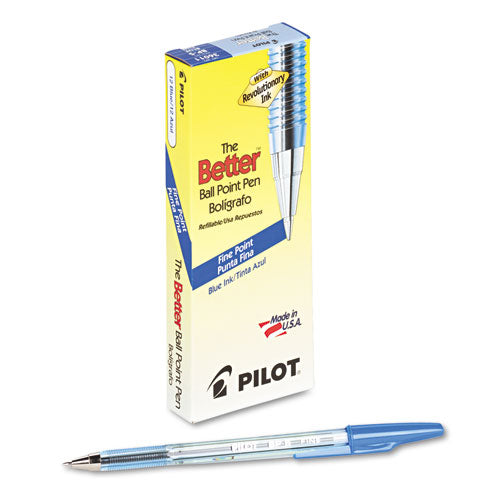 Pilot Better Ballpoint Pen, Stick, Fine 0.7 mm, Blue Ink, Translucent Blue Barrel, Dozen 36011