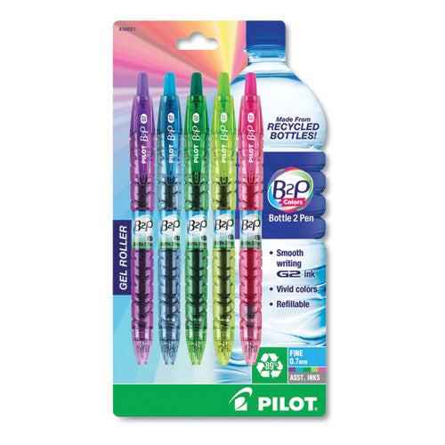 Pilot B2P Bottle-2-Pen Recycled Gel Pen, Retractable, Fine 0.7 mm, Assorted Ink and Barrel Colors, 5-Pack 36621