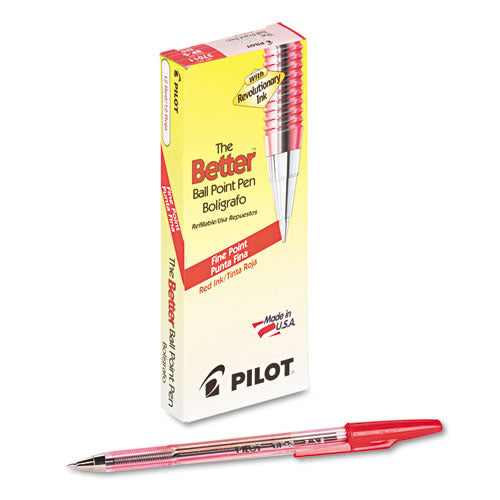 Pilot Better Ballpoint Pen, Stick, Fine 0.7 mm, Red Ink, Translucent Red Barrel, Dozen 37011