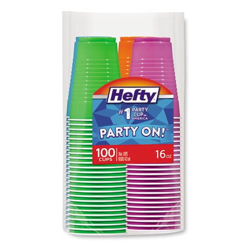 Hefty Easy Grip Disposable Plastic Party Cups, 16 oz, Assorted Colors, 100-Pack C21637
