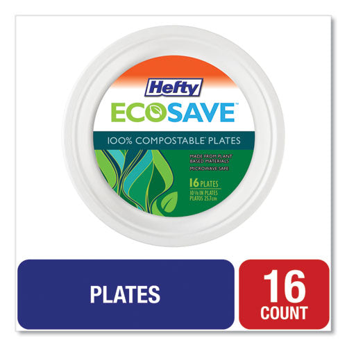 Hefty ECOSAVE Tableware, Plate, Bagasse, 10.13" dia, White, 16-Pack, 12 Packs-Carton RFP D71016