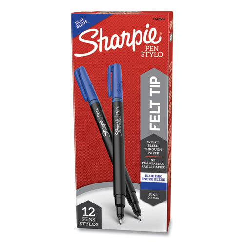 Sharpie Water-Resistant Ink Porous Point Pen, Stick, Fine 0.4 mm, Blue Ink, Black-Gray-Blue Barrel, Dozen 1742664