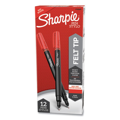 Sharpie Water-Resistant Ink Porous Point Pen, Stick, Fine 0.4 mm, Red Ink, Black-Gray-Red Barrel, Dozen 1742665